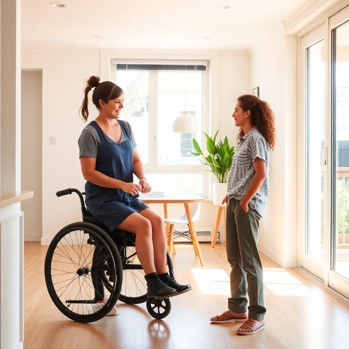 Support worker showing a participant in a wheelchair a bright accessible apartment