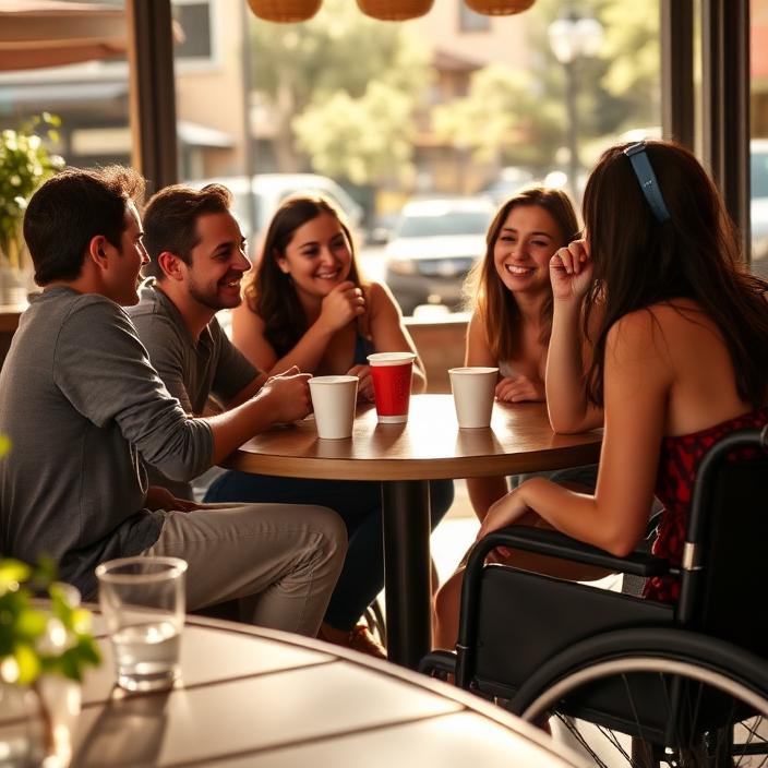 Friends including a wheelchair user laughing over coffee at a sunny Australian cafe