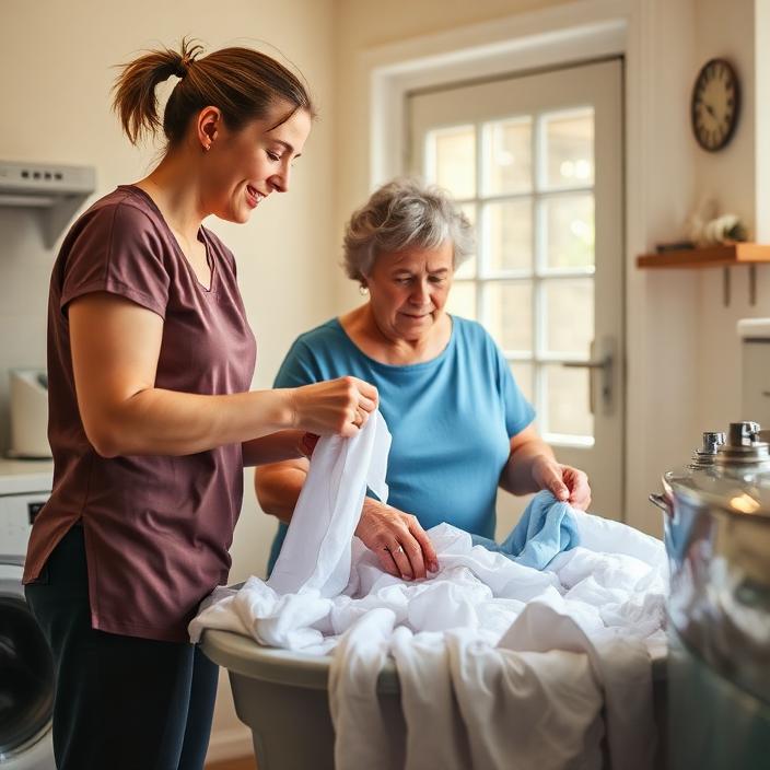 Support worker and an older woman folding fresh laundry together