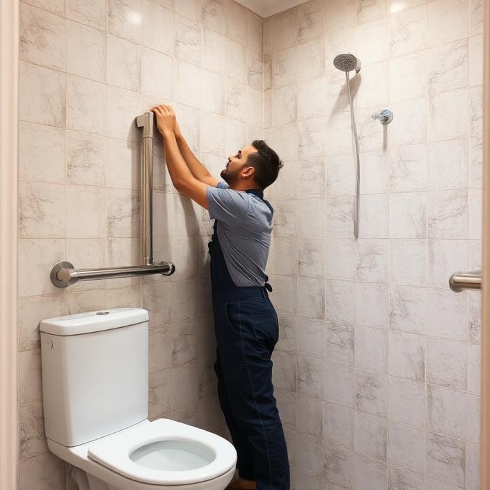 Tradesperson installing a stainless steel grab rail in a tiled bathroom