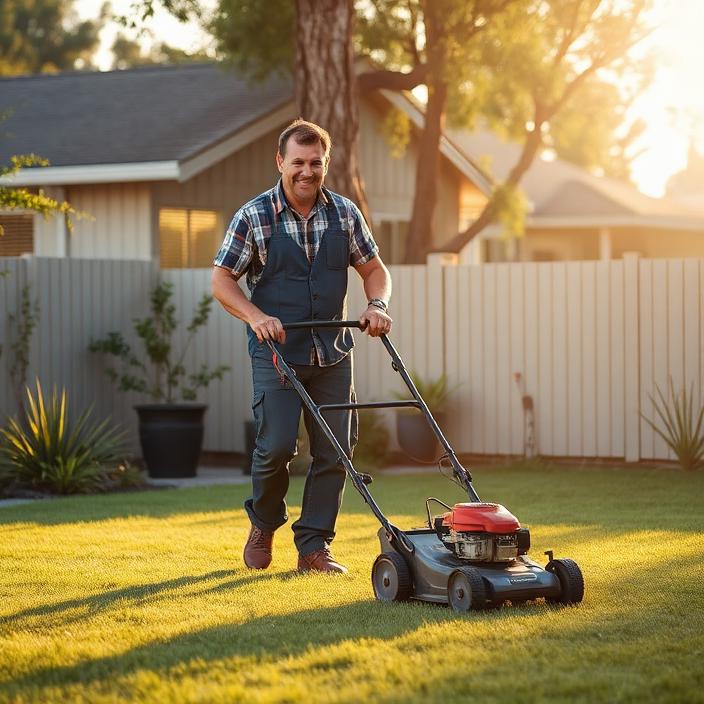 Handyman mowing a tidy suburban Australian backyard at golden hour