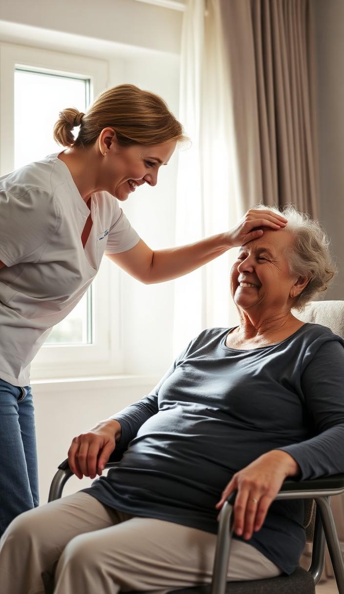 Support worker gently brushing a participant's hair by a sunlit window