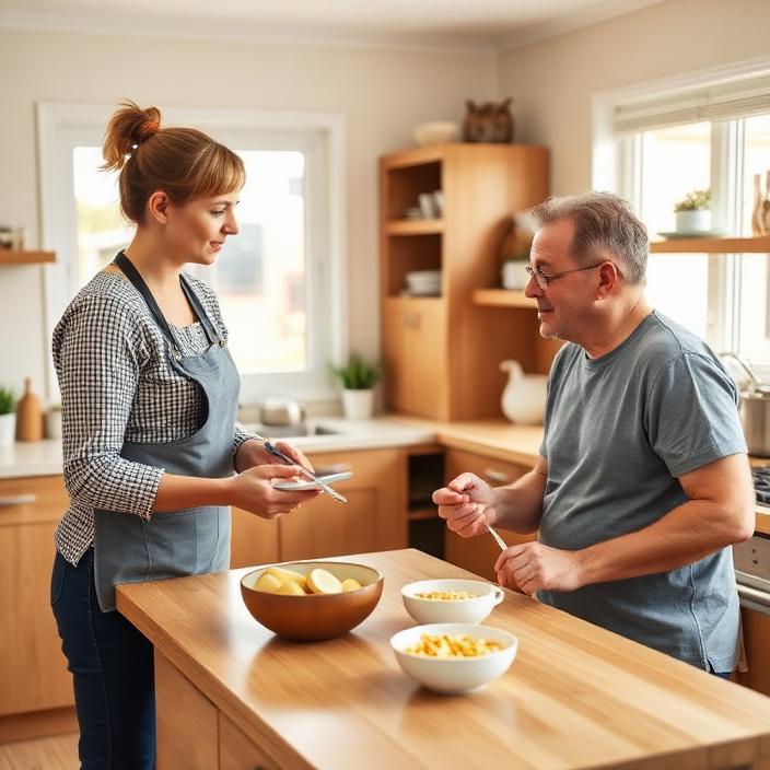 Support worker and a young man chatting over breakfast at a shared kitchen island