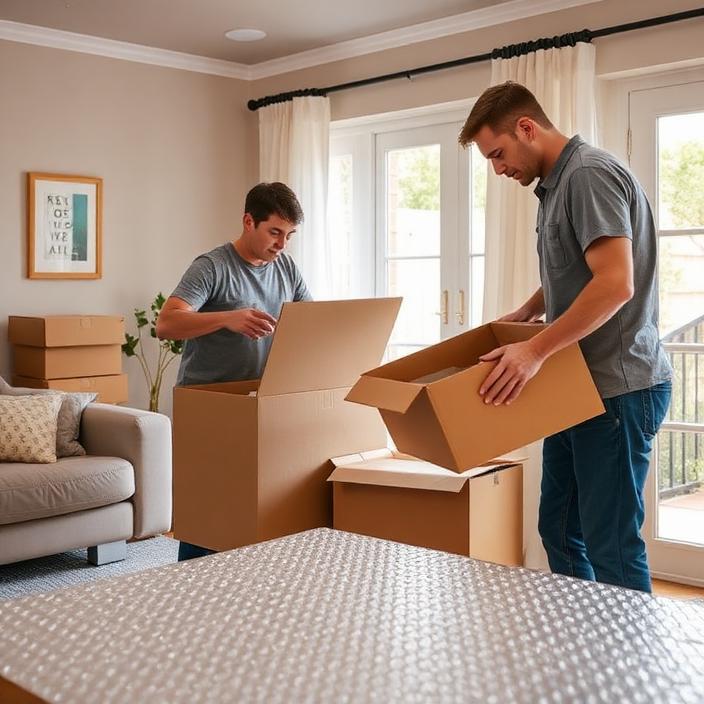 Two removalists packing household items into cardboard boxes in a living room