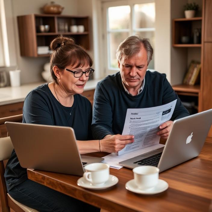 Support coordinator and participant reviewing an NDIS plan document at a kitchen table