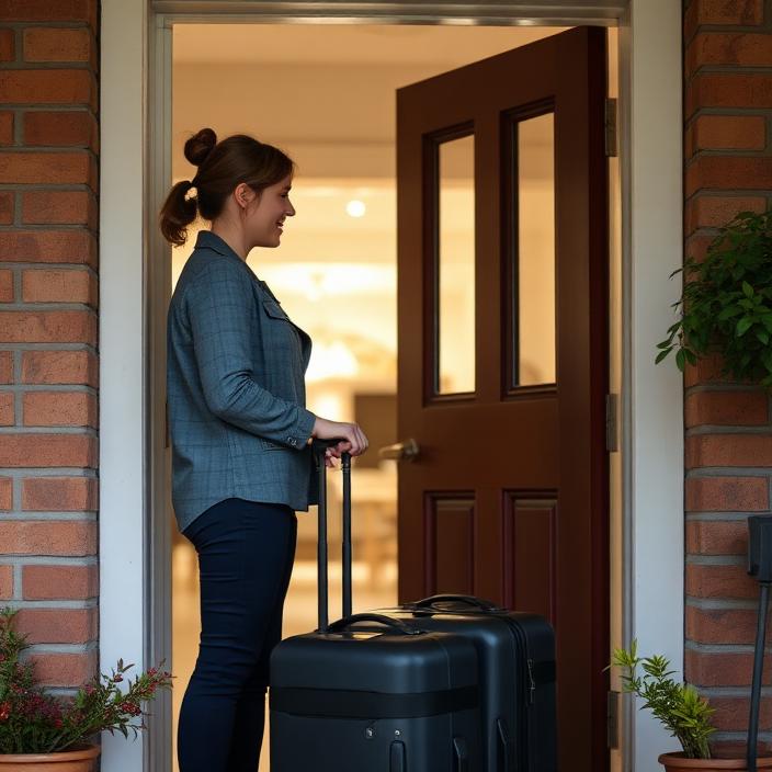 Support worker greeting a smiling participant arriving with a small suitcase