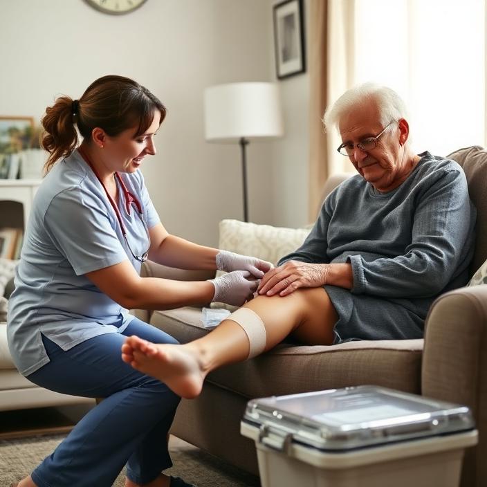 Community nurse changing a leg wound dressing for an older patient on a couch