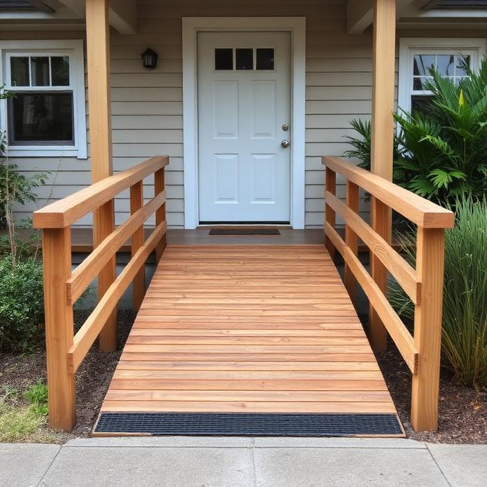 Newly installed timber wheelchair ramp at the front door of a home