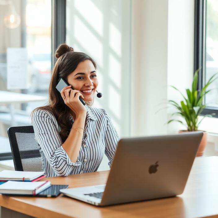 Female support coordinator on a phone call at a sunny desk