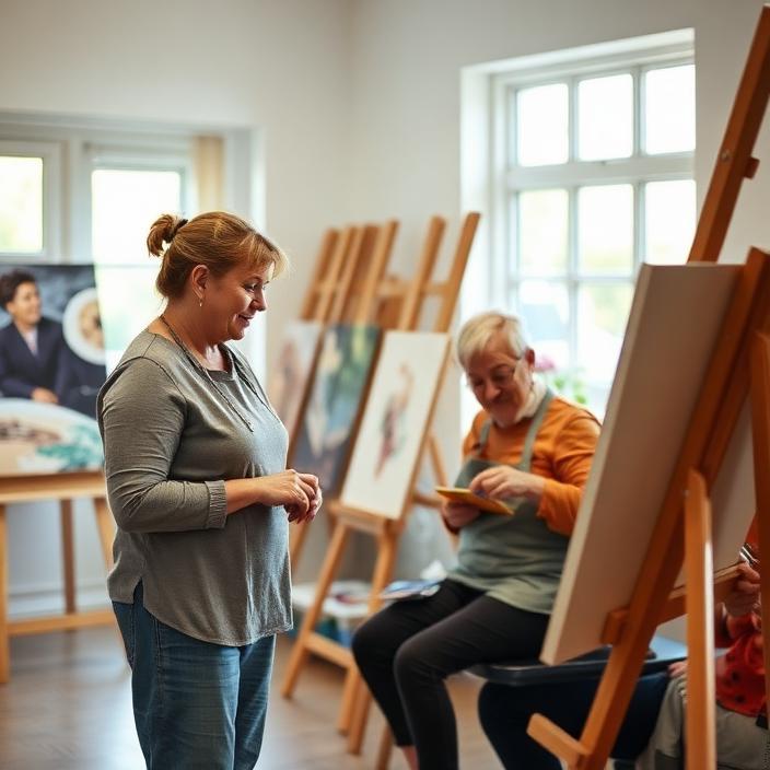 Adult painting class with a support worker assisting at an easel