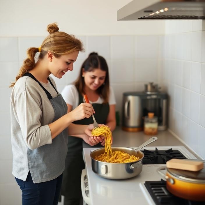 Support worker and a participant cooking pasta together at a stovetop