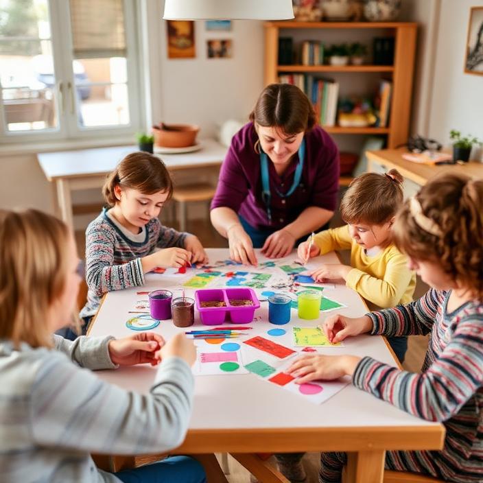 Small group craft activity around a table with a support worker helping