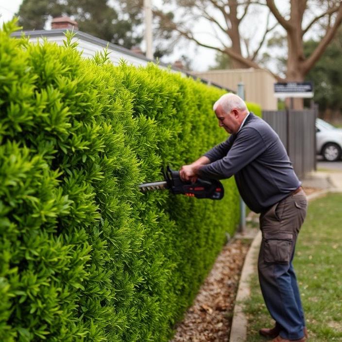 Handyman using hedge trimmers along a fence line