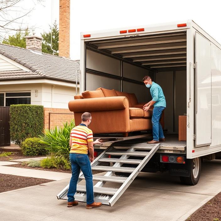 Two removalists loading a brown sofa onto a moving truck on a driveway