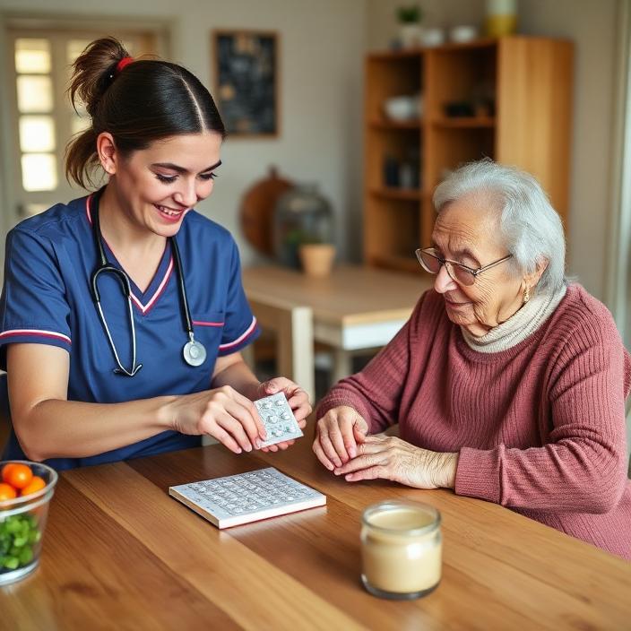 Nurse preparing a weekly medication blister pack with a smiling patient