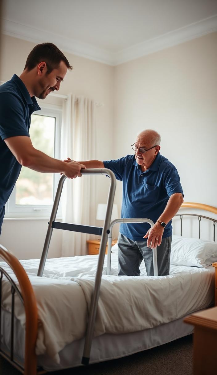 Support worker assisting an older man to stand with a walking frame