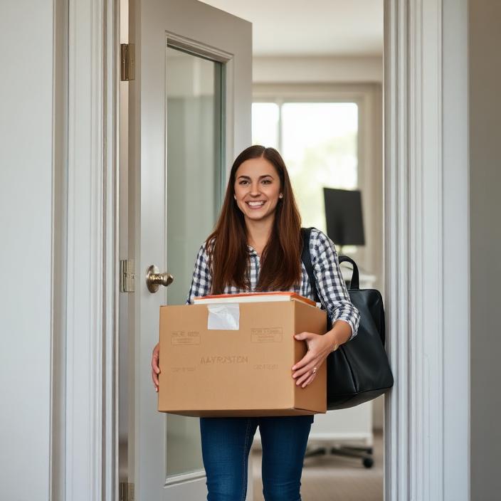 Smiling young woman carrying a box of belongings through the door of a new apartment