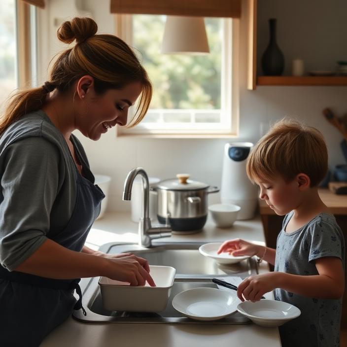Support worker and participant washing and drying dishes at the sink