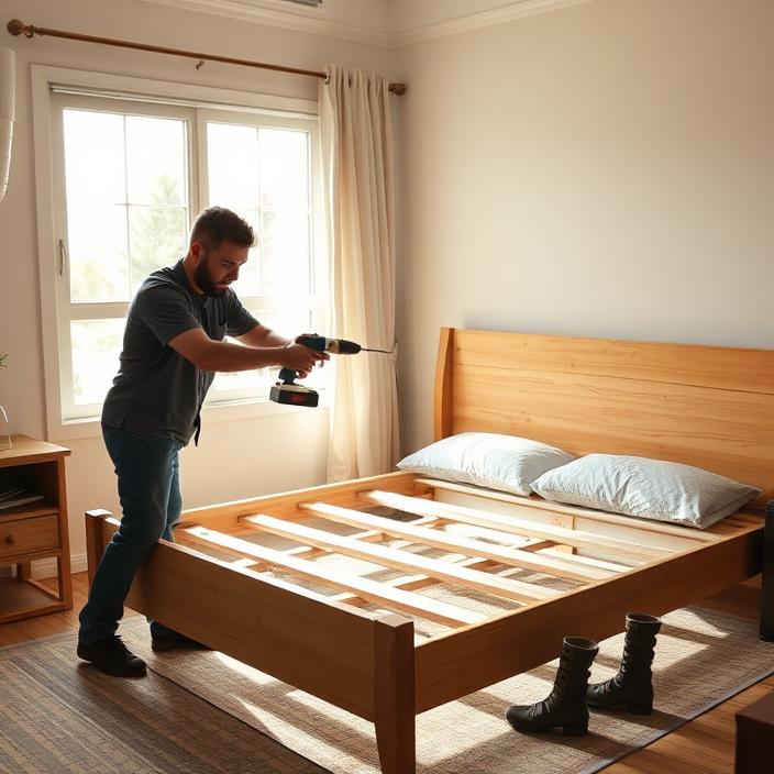 Removalist using a power drill to disassemble a wooden bed frame