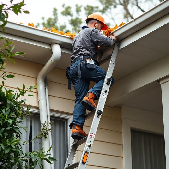 Tradesperson on a ladder clearing leaves from house gutters
