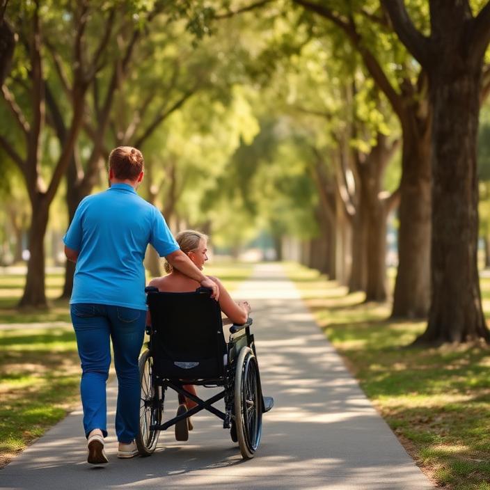 Support worker walking a participant in a wheelchair along a leafy park path