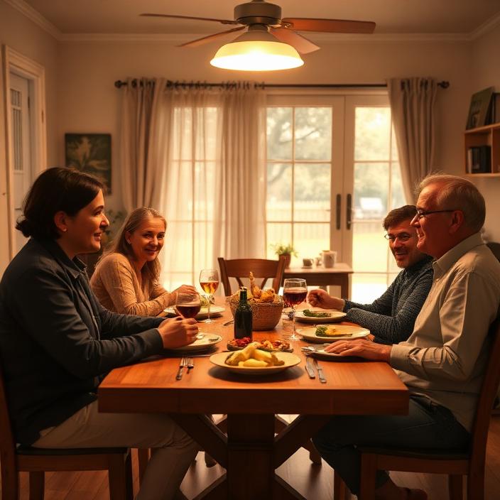 Three housemates sharing dinner around a warmly lit dining table