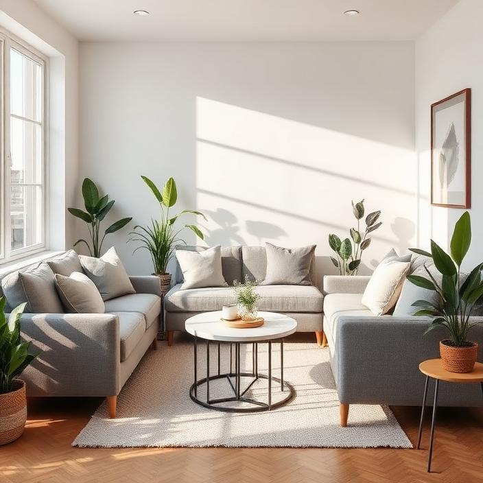 Bright modern shared living room with sofa, cushions and natural light