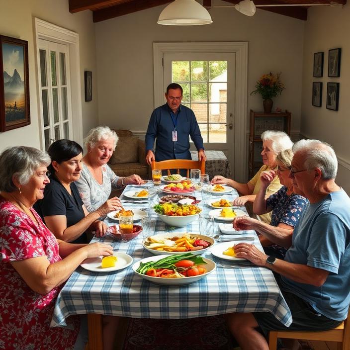 Guests and support worker sharing a homemade meal around a long dining table
