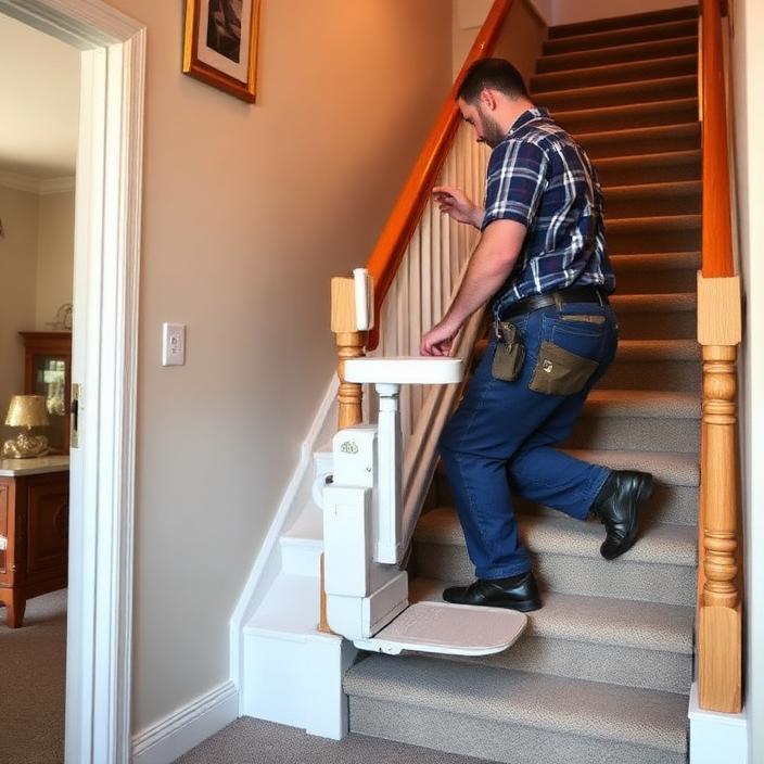 Tradesperson installing a residential stairlift on a carpeted staircase
