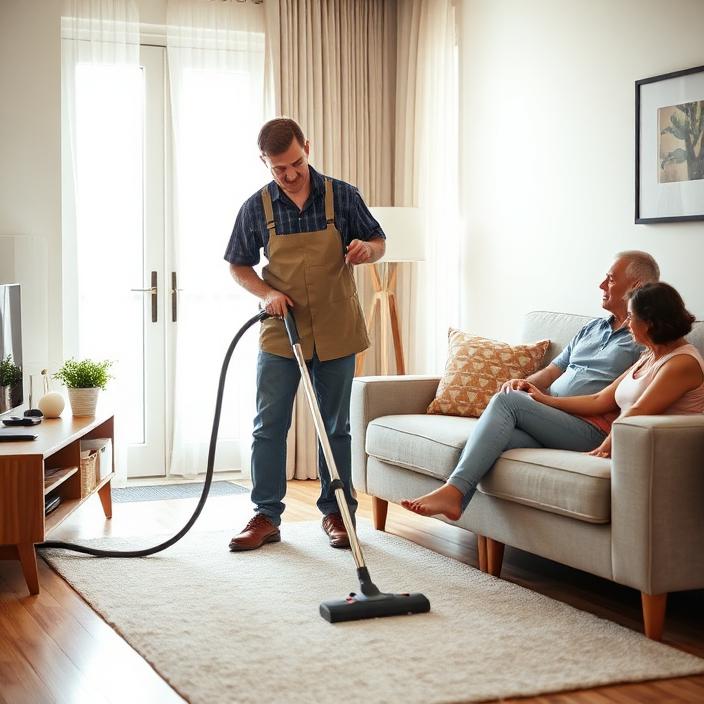 Support worker vacuuming a tidy living room