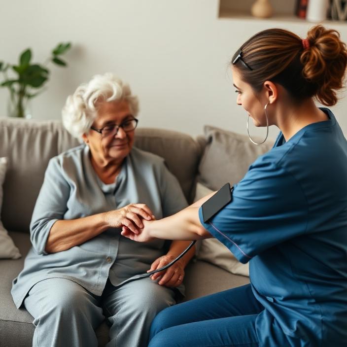 Nurse taking the blood pressure of an older woman on a couch