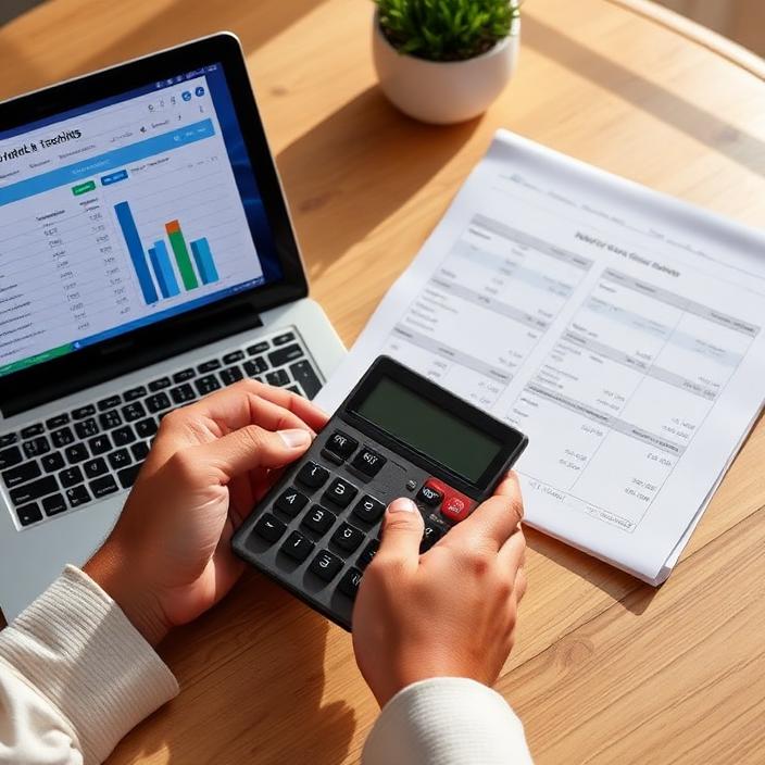 Hands using a calculator and budget worksheet beside a laptop