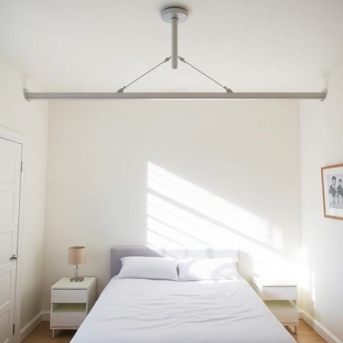 Ceiling hoist track running over a bed in a bright SDA bedroom