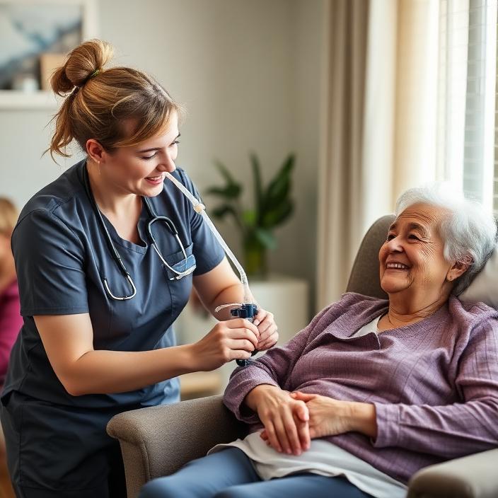 Nurse assisting with PEG tube feeding equipment beside a smiling participant