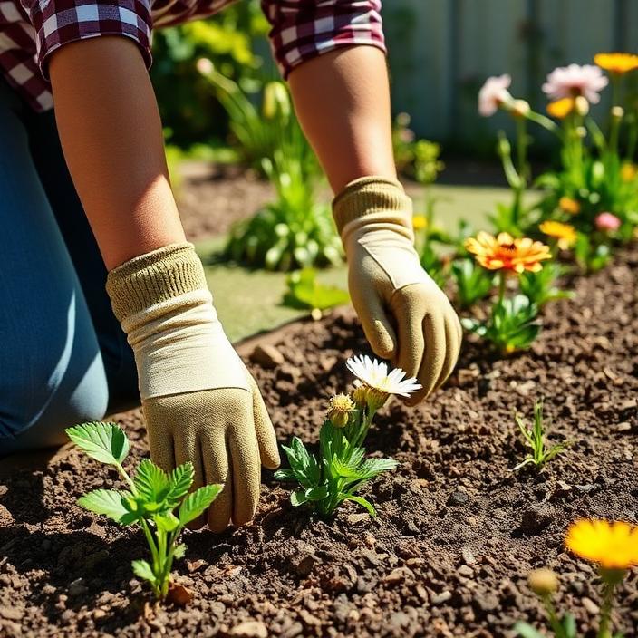 Gloved hands weeding a sunny flowerbed