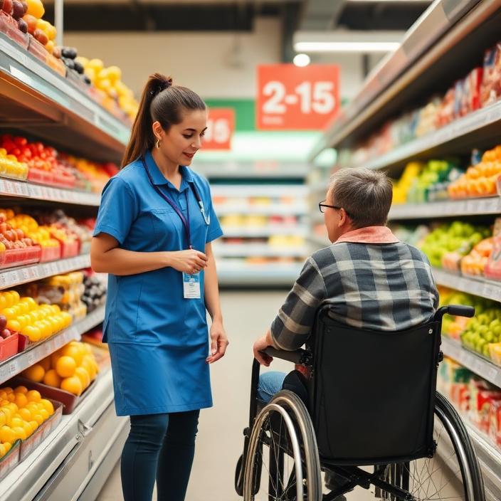 Support worker and a participant in a wheelchair choosing fruit in a supermarket