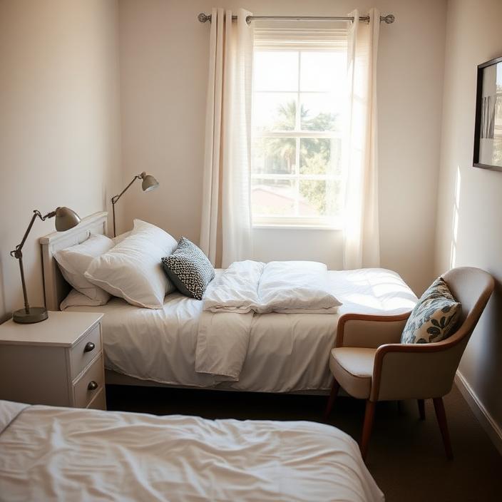 Comfortable cosy guest bedroom with fresh white linen and side lamp
