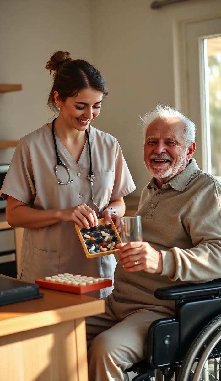 Nurse organising a medication pill organiser with a smiling participant