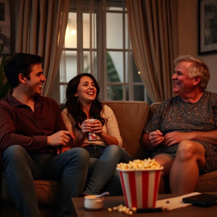 Housemates and a support worker laughing on a couch with popcorn during a movie