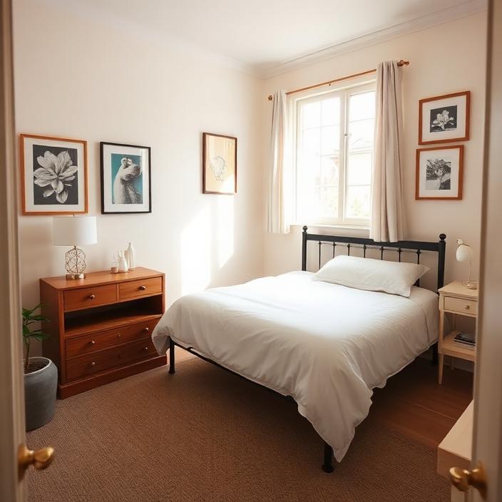Tidy private bedroom with fresh white linen and bedside lamp