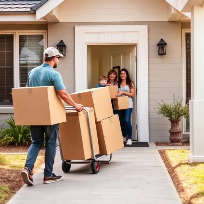Removalist wheeling boxes on a trolley up the path of a new home