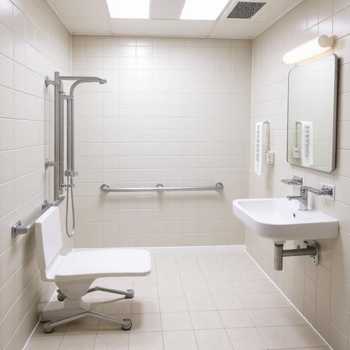 Fully accessible SDA bathroom with roll-in shower, fold-down bench and grab rails