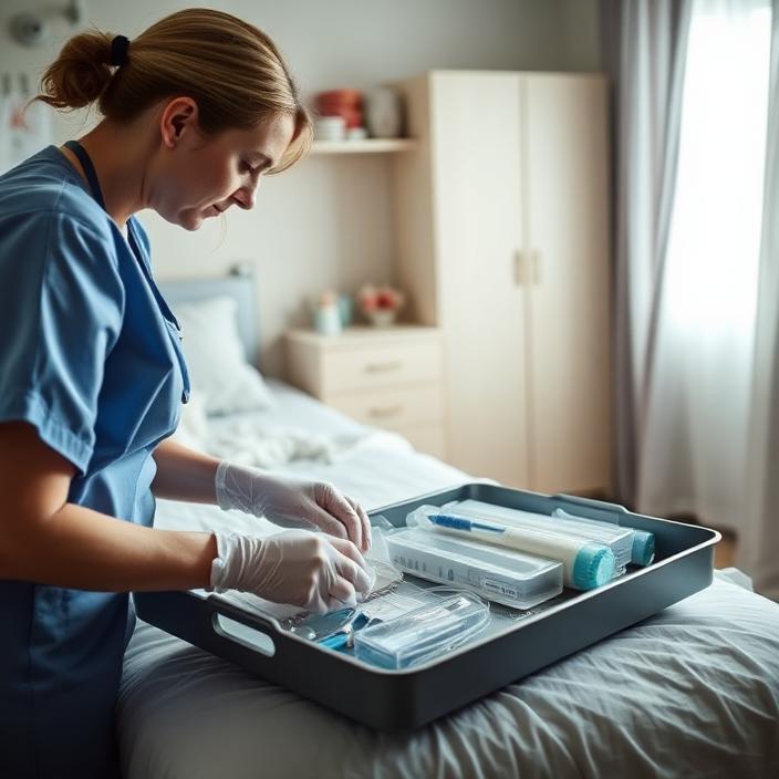 Nurse organising sterile catheter care supplies on a tray in a bedroom