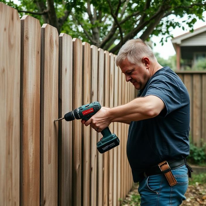 Handyman repairing a timber paling fence with a cordless drill