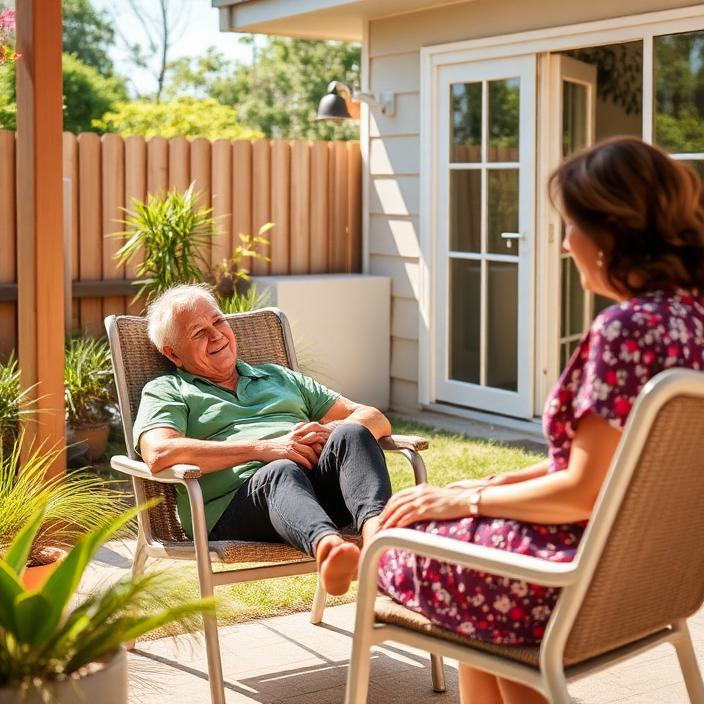 Participant relaxing in a sunny backyard chair with a support worker chatting