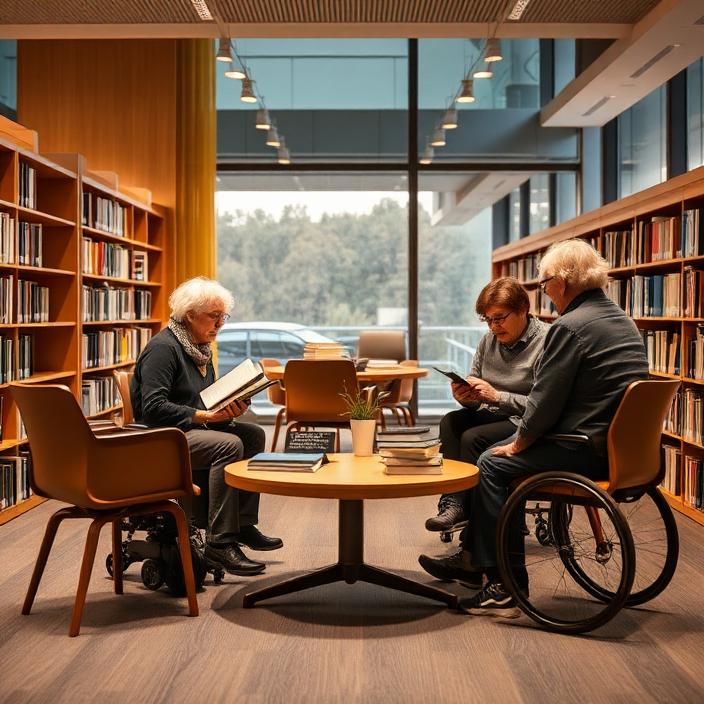 Small book club meeting around a low table at a modern library