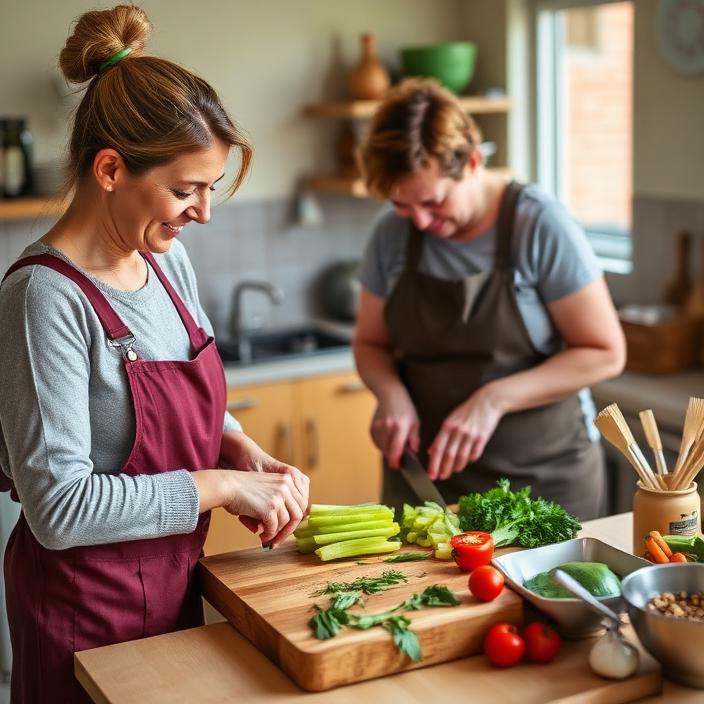 Support worker and participant chopping vegetables together