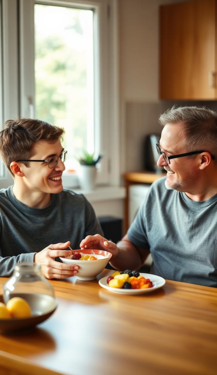 Support worker eating breakfast with a young participant at a kitchen table