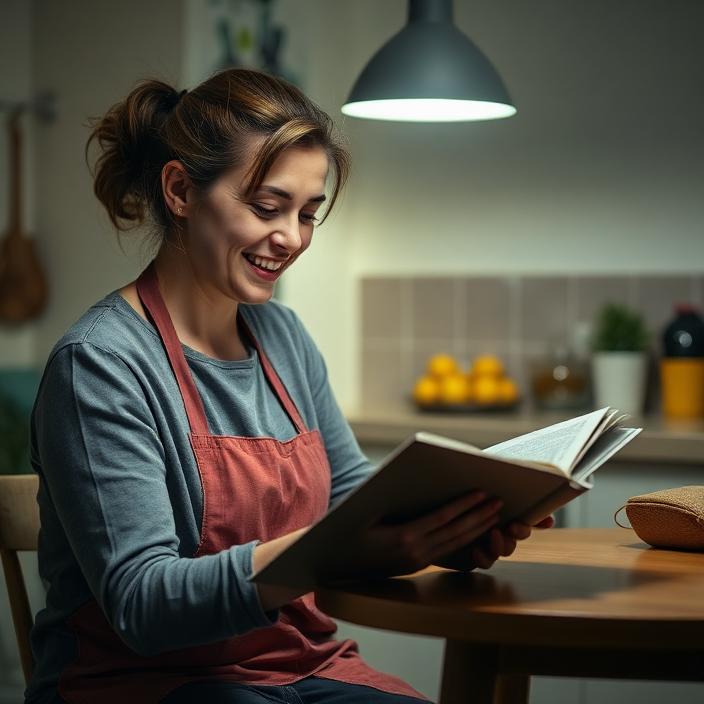 Night-shift support worker reading a care log book under a soft lamp