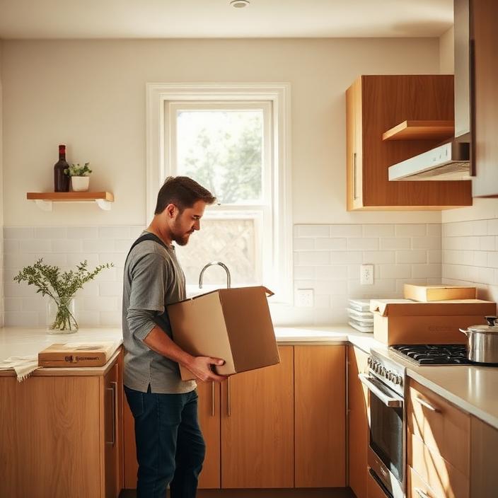 Removalist helping a participant unpack kitchen boxes onto new benchtops